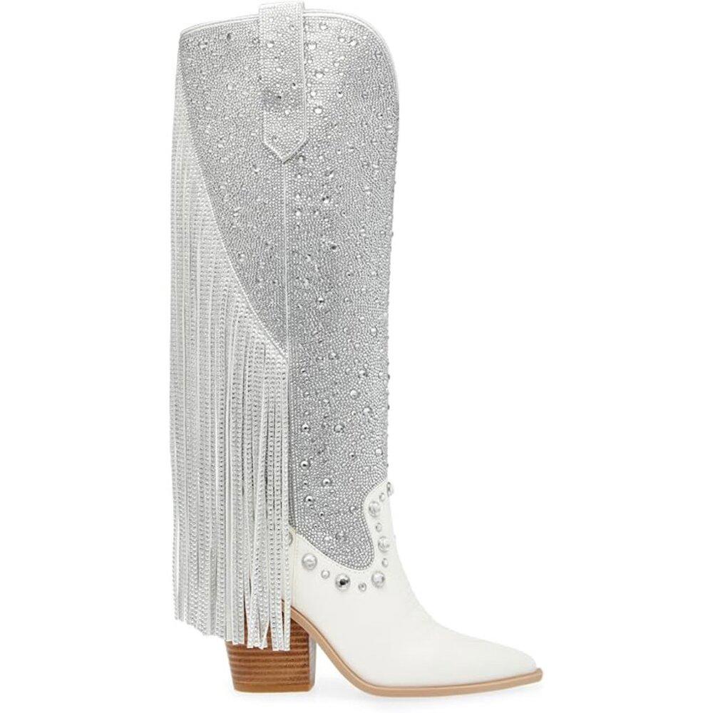 Lexy White Silver Fringe Embellished Western Knee High Boots