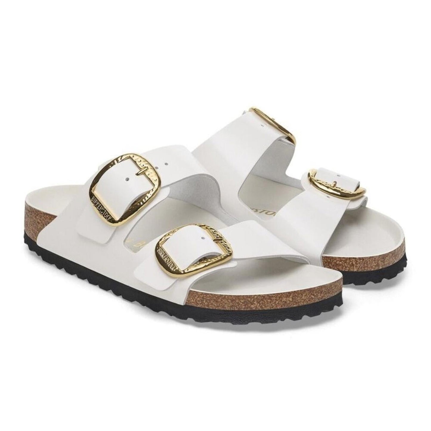 Arizona Hammered Big Buckle High-Shine Antique White Sandals