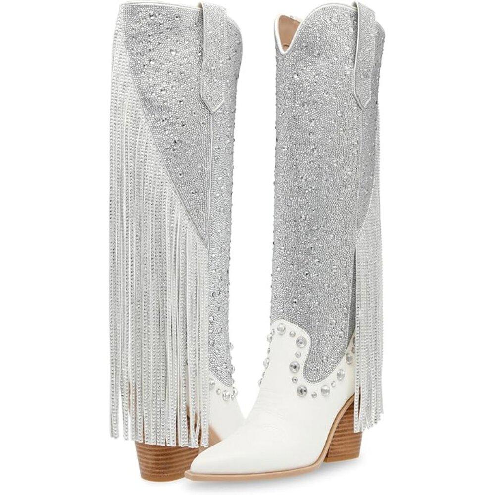 Lexy White Silver Fringe Embellished Western Knee High Boots