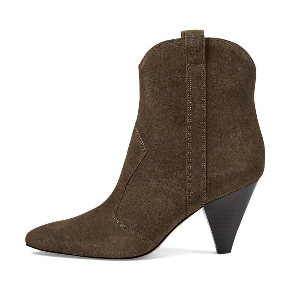 Carissa Dark Olive Suede Western Heeled Ankle Boots
