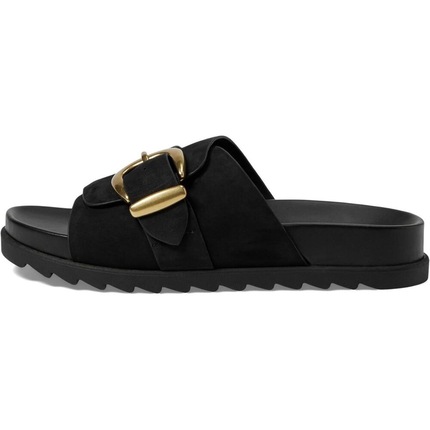 Hattie Black Leather Buckle Slide Sandals