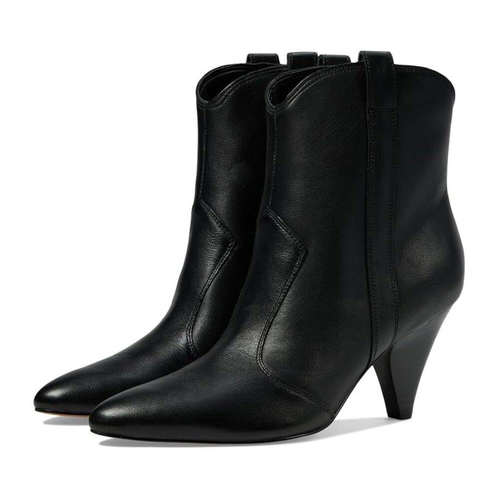 Carissa Black Leather Western Heeled Ankle Boots