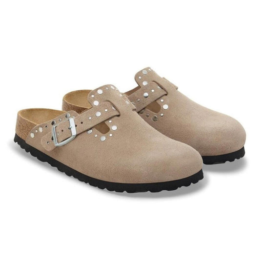 Boston Rivets Taupe Suede Leather Clogs