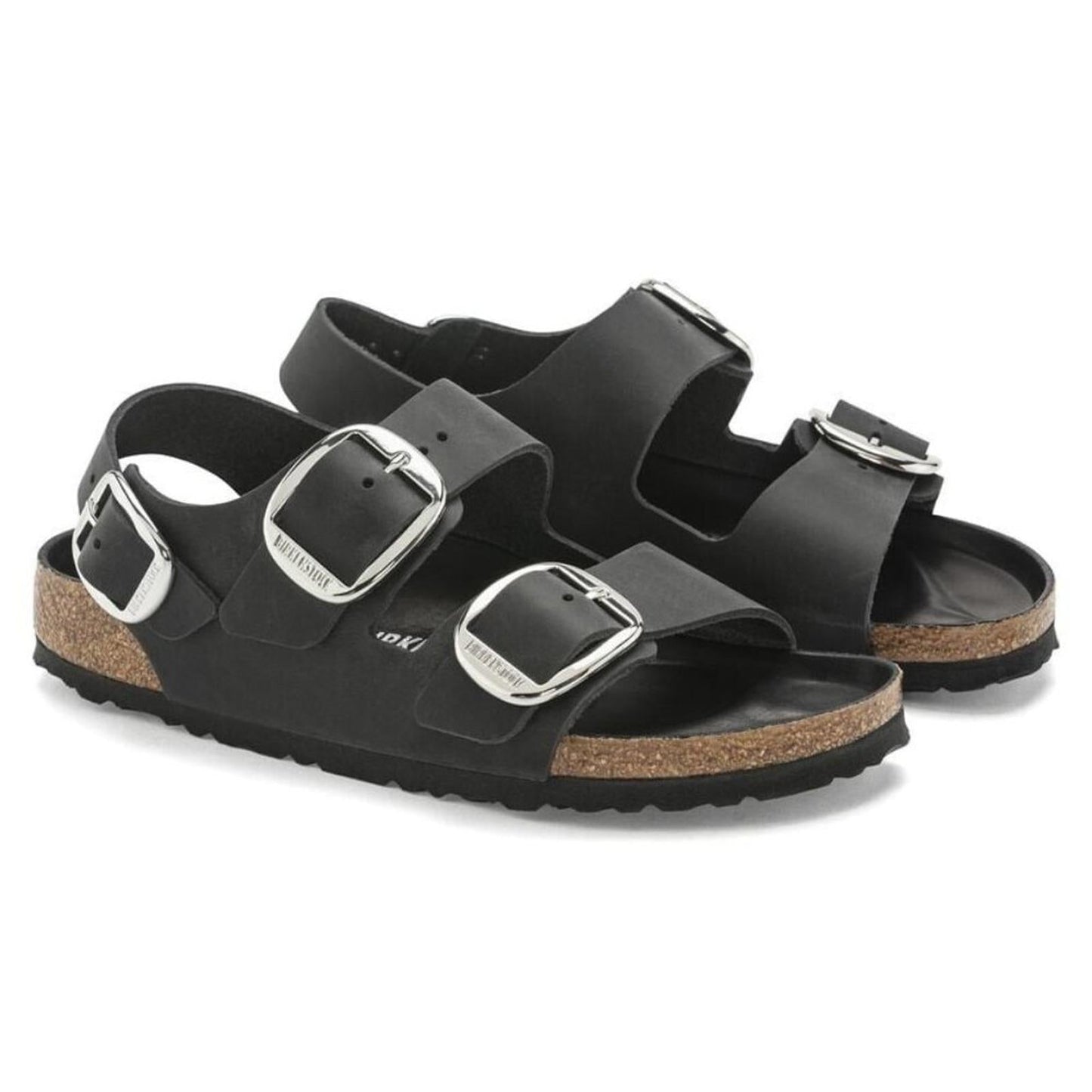 Milano Big Buckle Black Oiled Leather Sandals