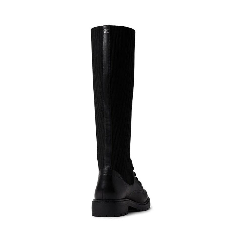 Lila Black Ribbed Leather Knee High Lace Up Boots