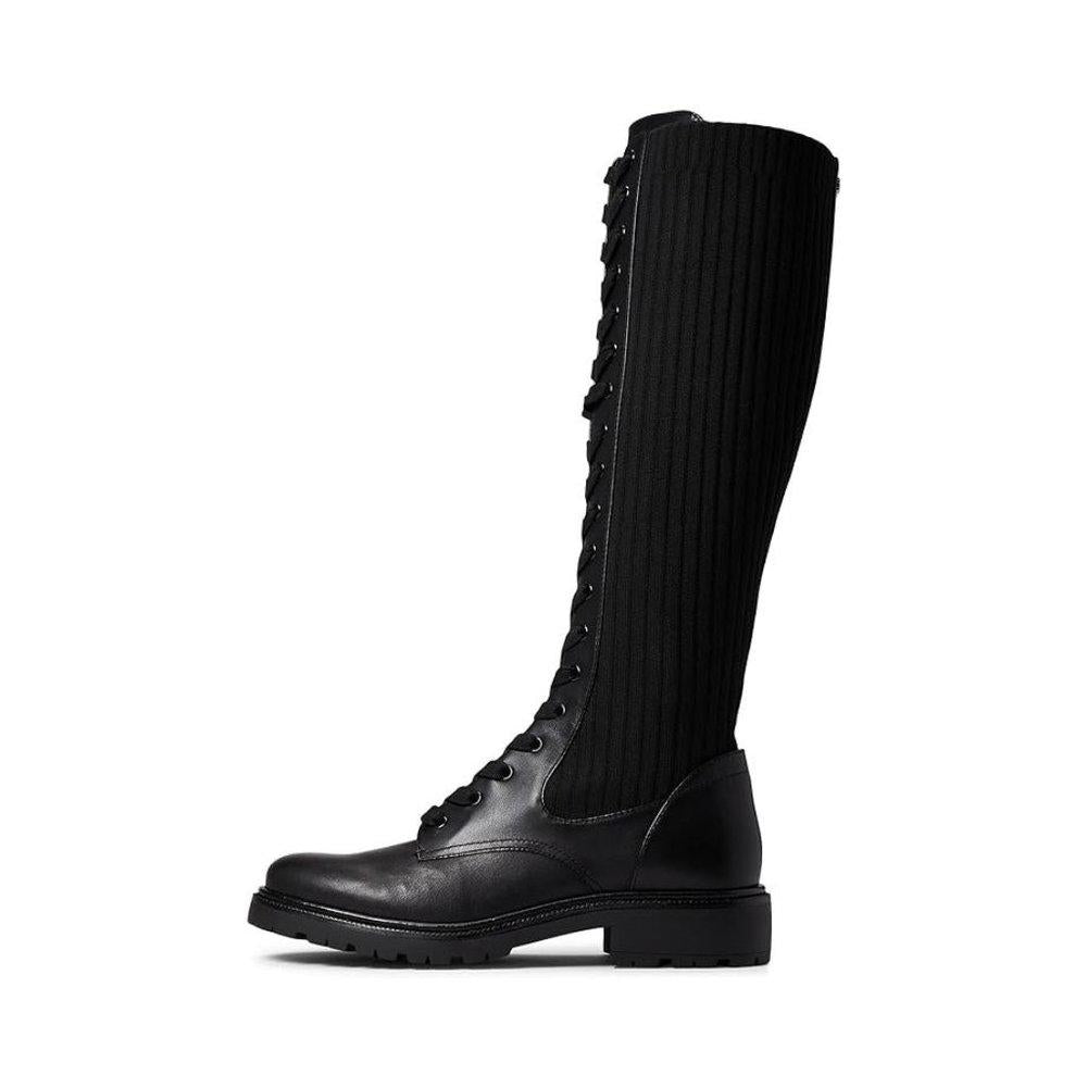 Lila Black Ribbed Leather Knee High Lace Up Boots