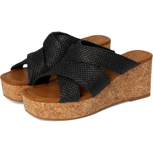 Abi Black Faux Raffia Wedge Sandals