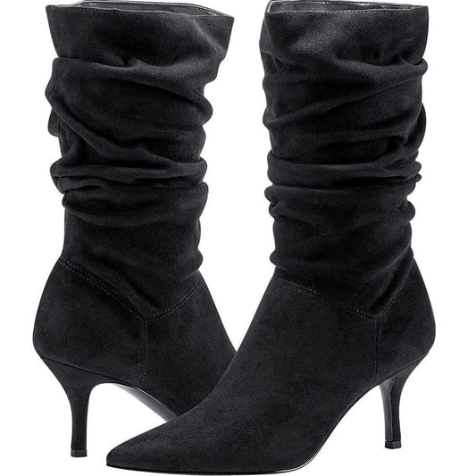 Manya Black Slouchy Heeled Booties