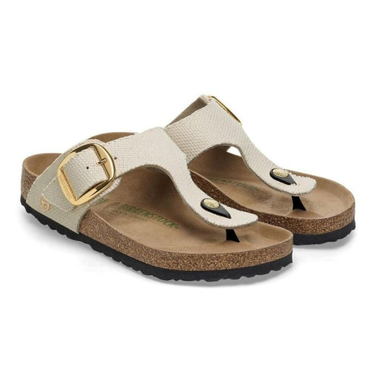 Gizeh Vegan Big Buckle Eggshell Textured Canvas Sandals