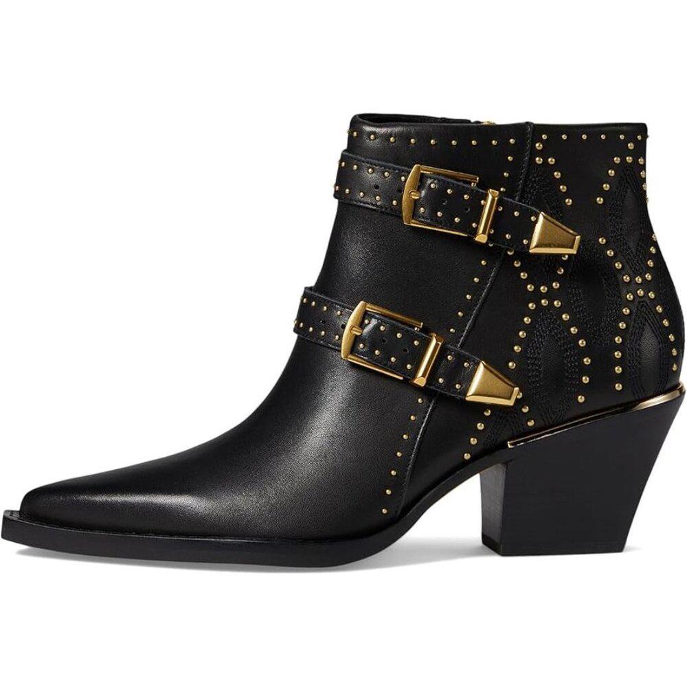 Ronnie Black Leather Studded Western Ankle Boots