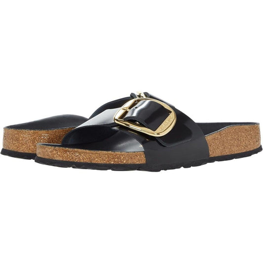 Madrid Black Shine Big Buckle Slide Sandals