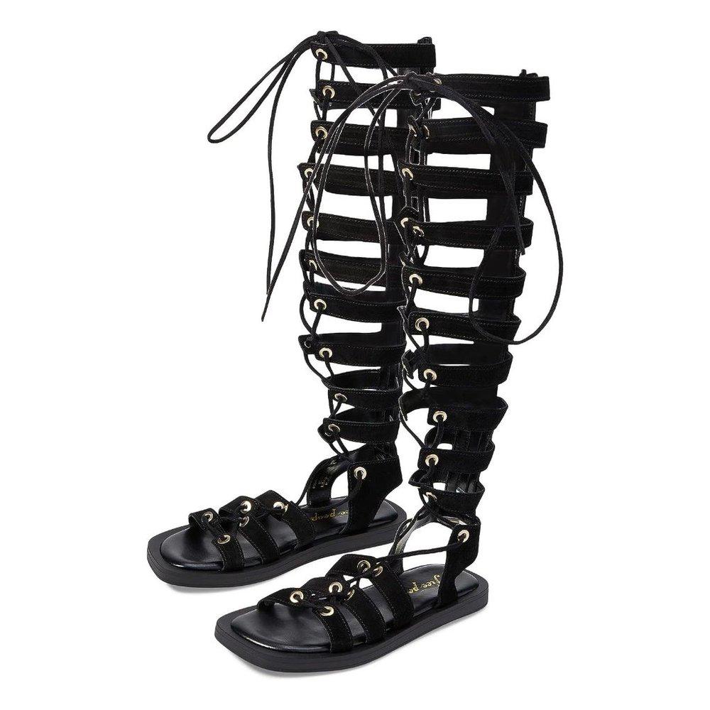 Free People Sandals Sun Chaser Black Leather Gladiator Flats
