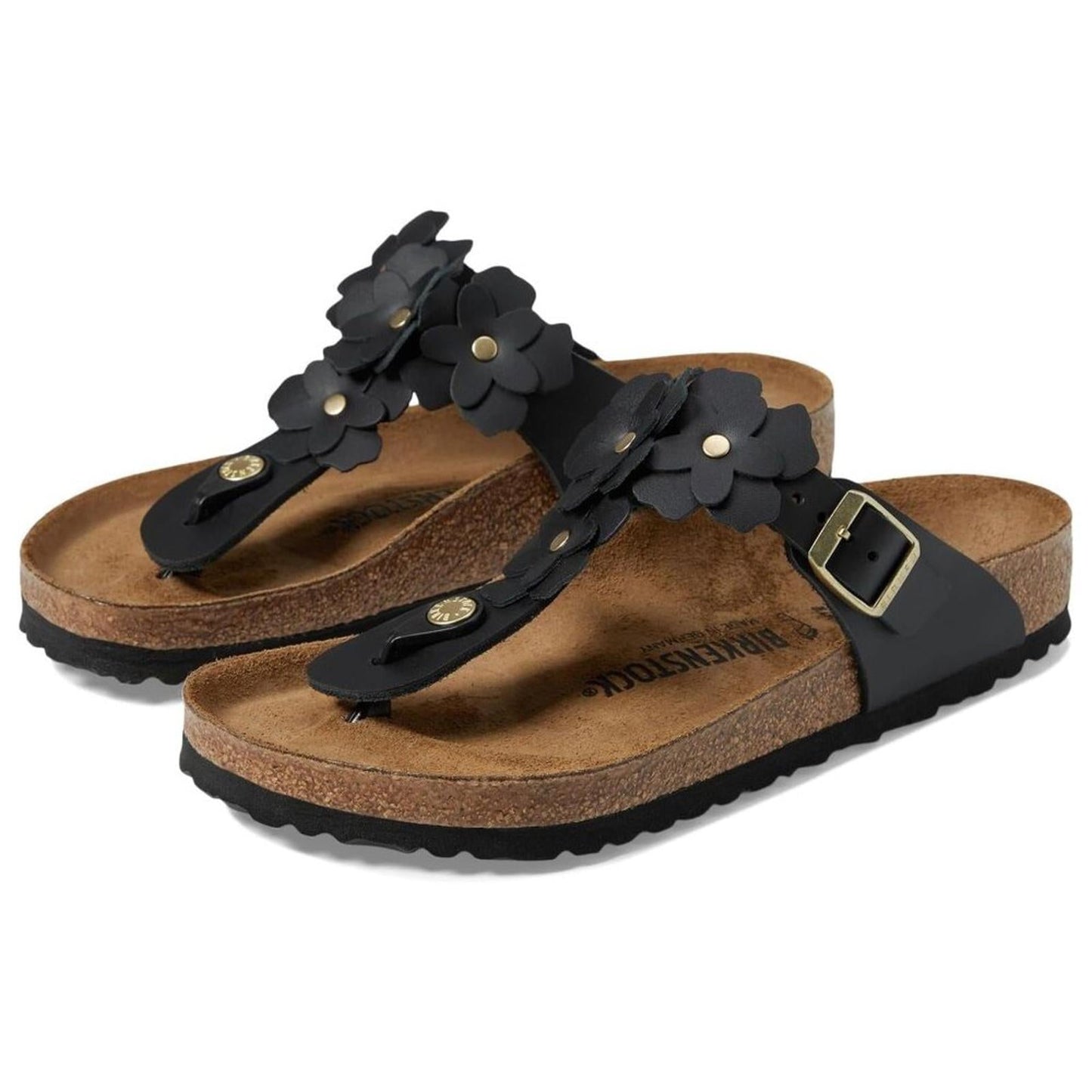 Gizeh Black Leather Flowers Sandals