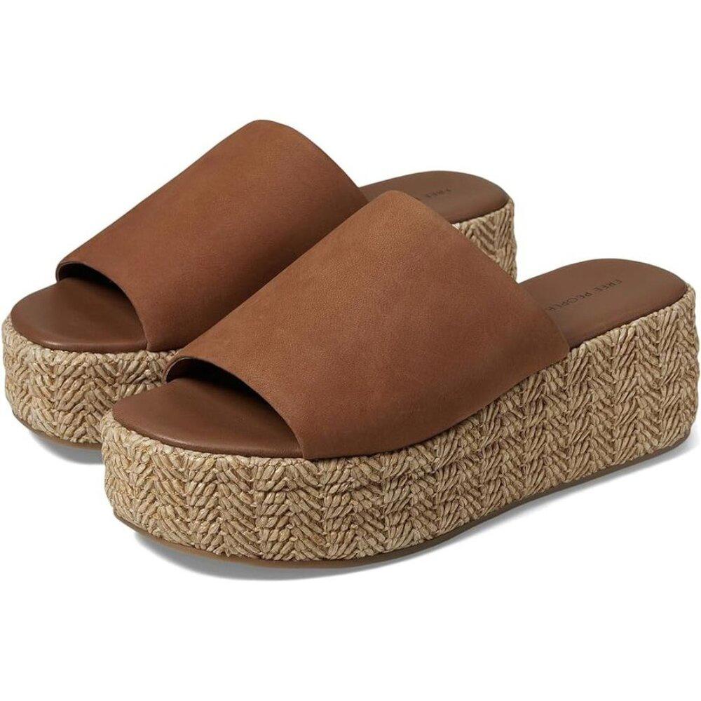Free People Sandals Harbor Tan Leather Raffia Platform Slides