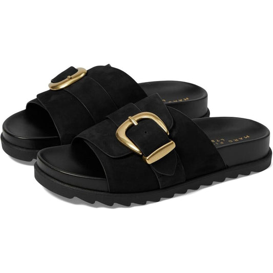 Hattie Black Leather Buckle Slide Sandals