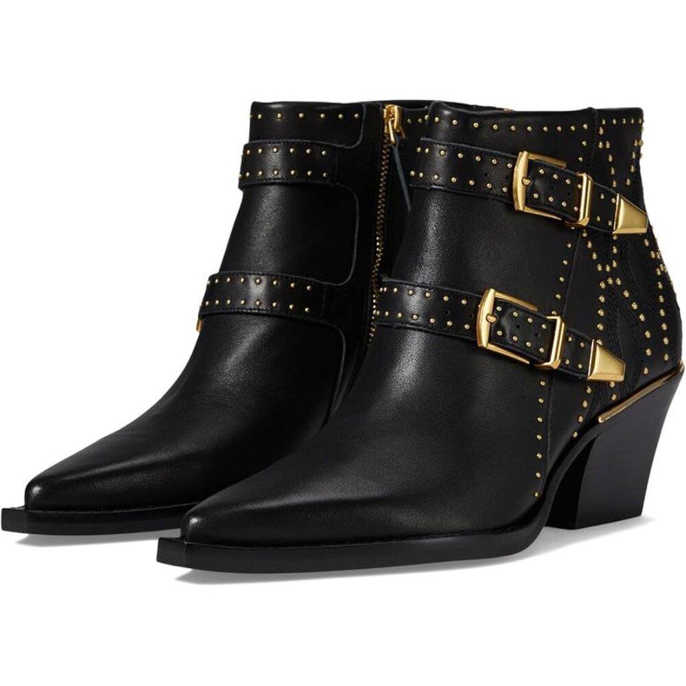 Ronnie Black Leather Studded Western Ankle Boots