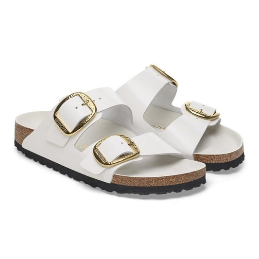Arizona Hammered Big Buckle High-Shine Antique White Sandals