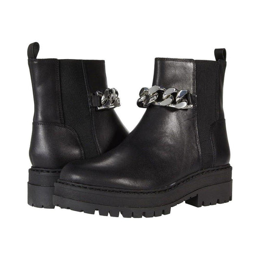 Parrie Black Leather Chain Detail Ankle Lug Boots