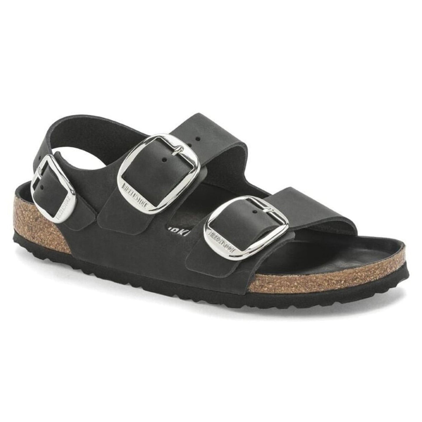 Milano Big Buckle Black Oiled Leather Sandals