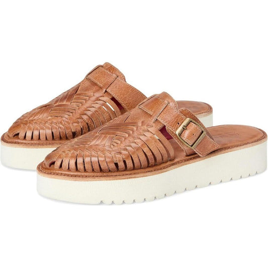 Linette Tan Rustic Woven Leather Platform Sandals