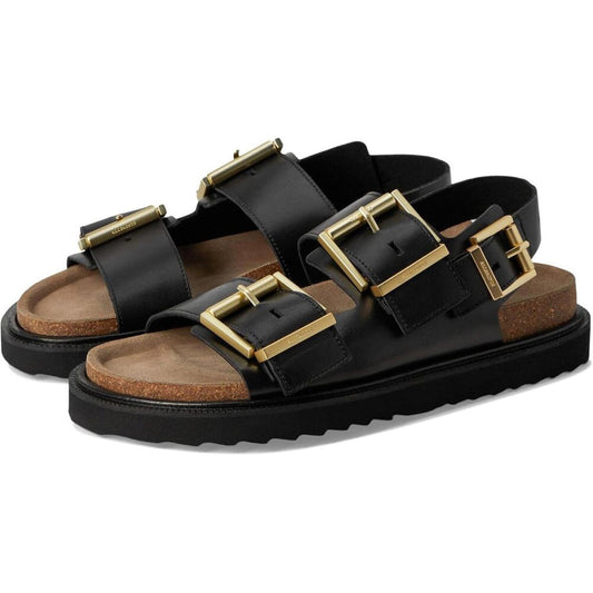 Isla Black Leather Buckle Flat Sandals