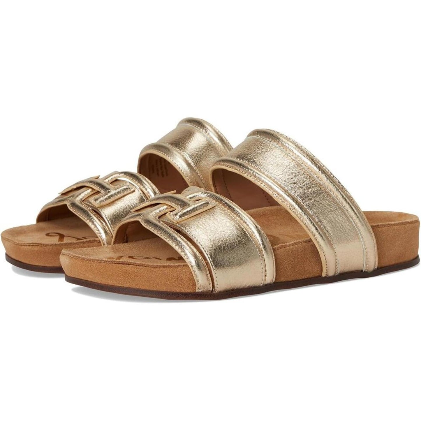Rowan Gold Leather Flat Slide Sandals