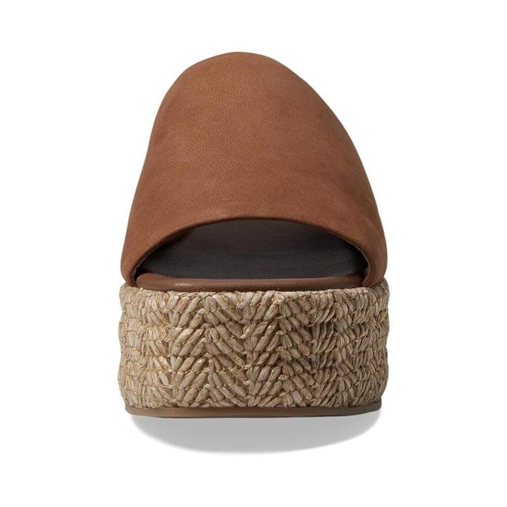 Free People Sandals Harbor Tan Leather Raffia Platform Slides