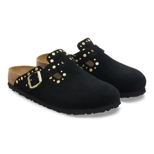 Boston Rivets Black Suede Leather Clogs