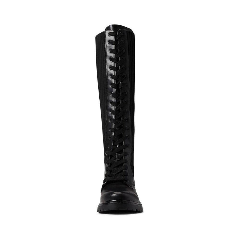 Lila Black Ribbed Leather Knee High Lace Up Boots
