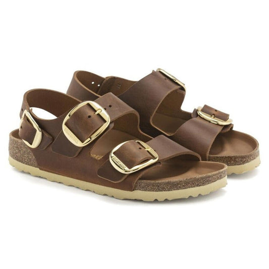 Milano Big Buckle Cognac Oiled Leather Sandals