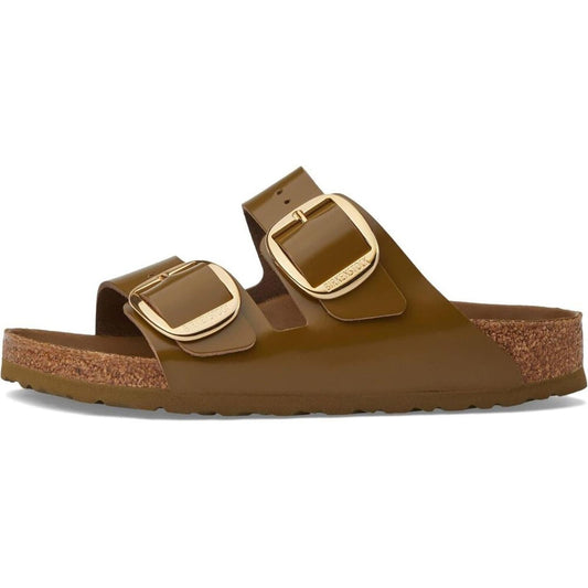 Arizona Big Buckle High Shine Mud Green Leather Sandals