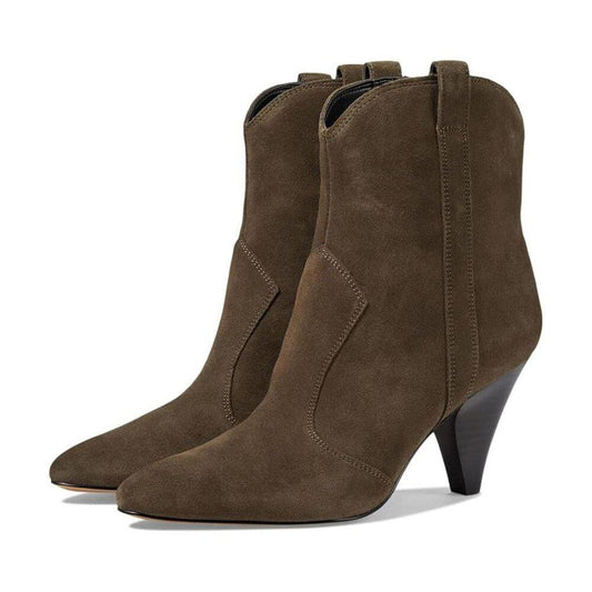 Carissa Dark Olive Suede Western Heeled Ankle Boots