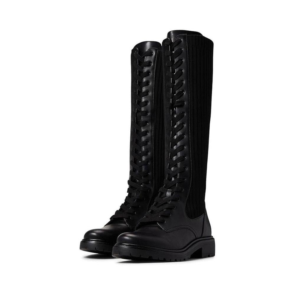 Lila Black Ribbed Leather Knee High Lace Up Boots