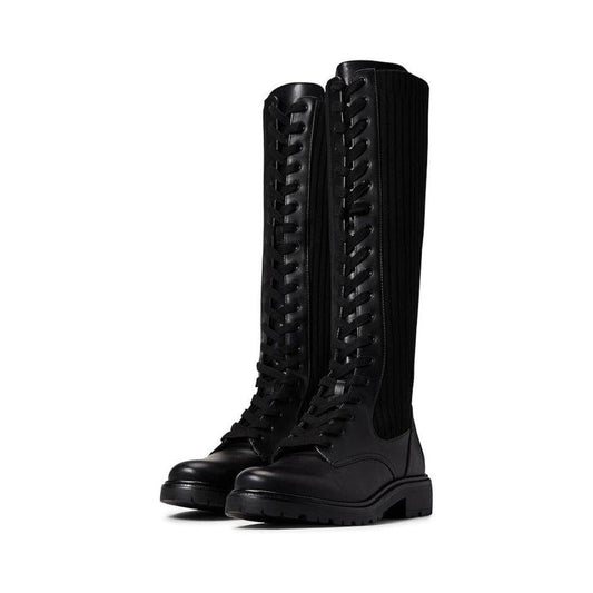 Lila Black Ribbed Leather Knee High Lace Up Boots