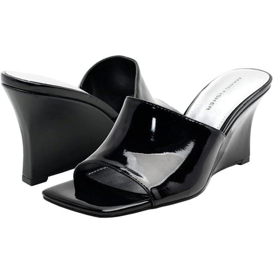 Rollo Black Patent Wedge Heeled Sandals