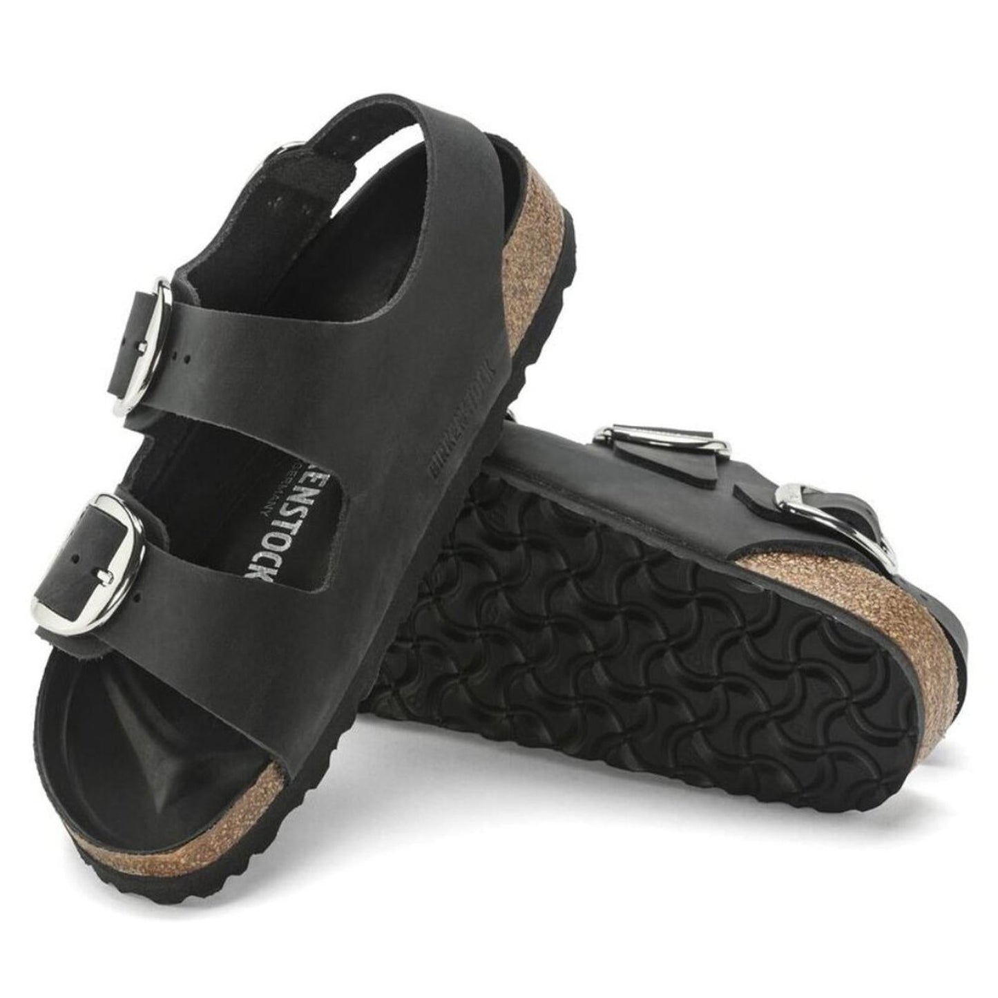 Milano Big Buckle Black Oiled Leather Sandals