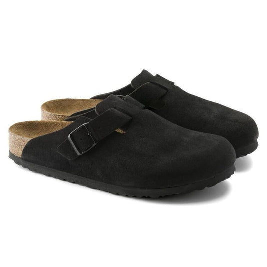 Boston Black Suede Leather Soft Footbed Clogs