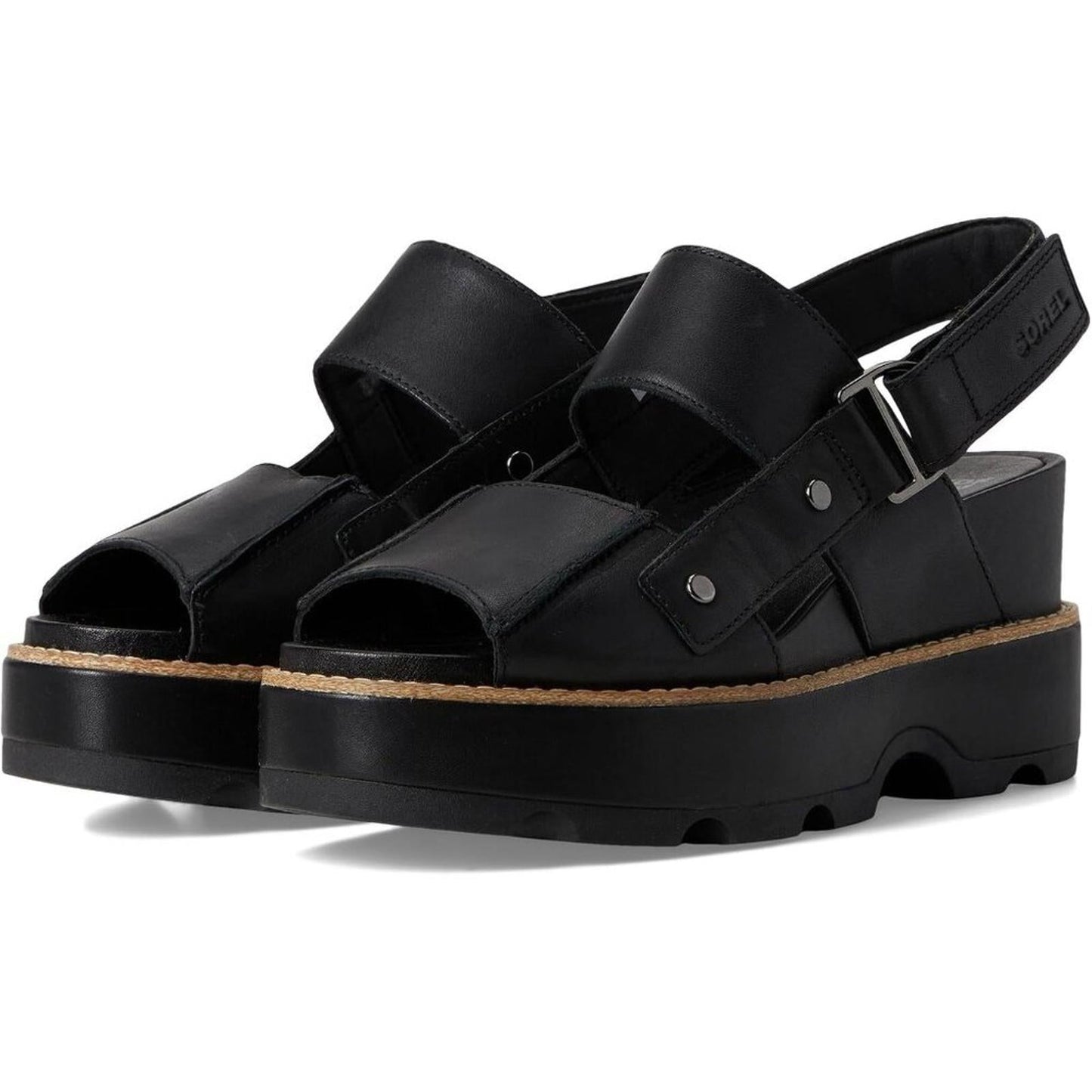 Joanie IV Black Leather Wedge Sandals