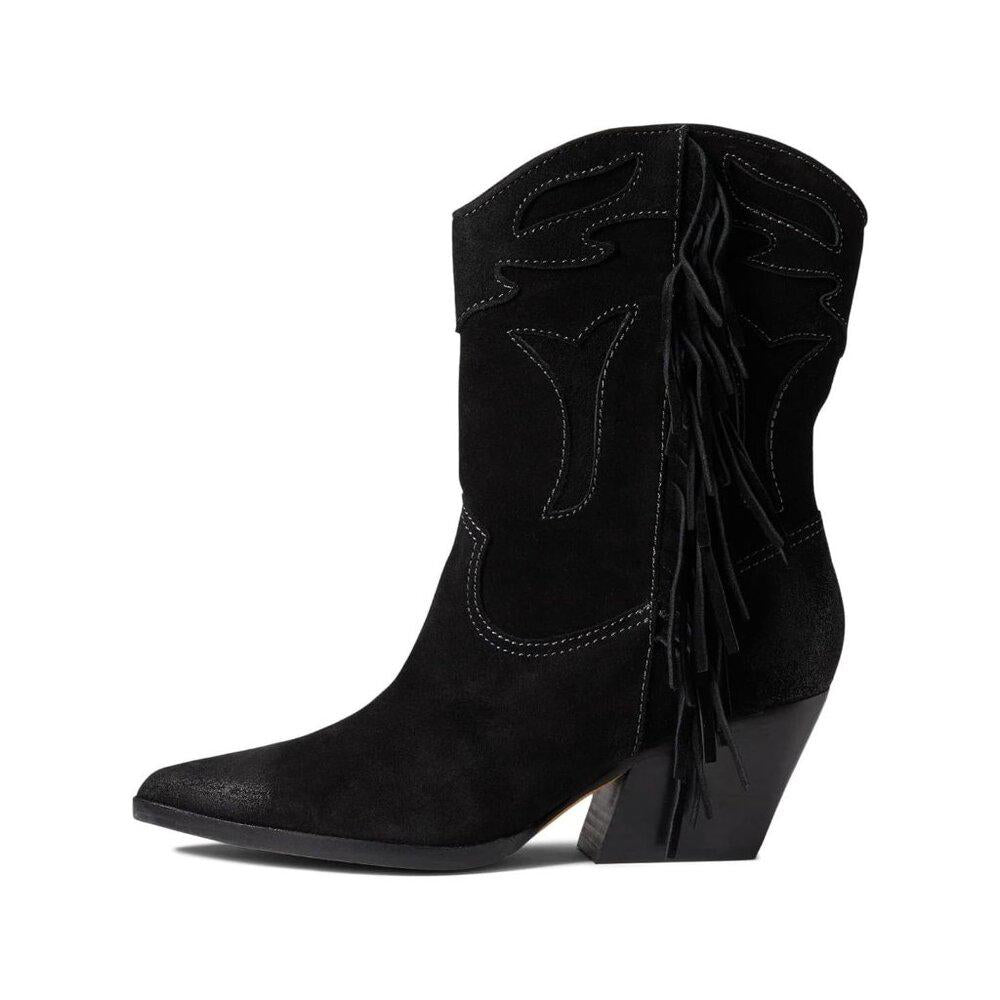 Liona Black Suede Western Cowboy Fringed Ankle Boots